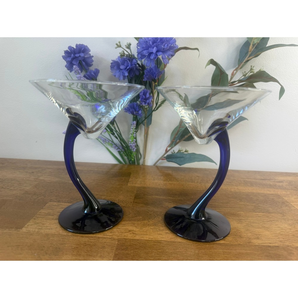 Vintage Libbey Bravura Martini Glasses Cobalt Blue Twisted Stem Cocktail Glasses